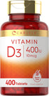 Carlyle Vitamin D3 | 400 IU (10mcg) | 400 Tablets | Vegetarian, Non-GMO, Gluten Free Vitamin D Supplement