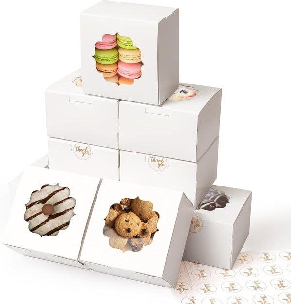 Shallive 4-Inch Small Cookie Boxes, 50 Pcs White Bakery Treat Boxes with Window for Gifting, To-go Containers
