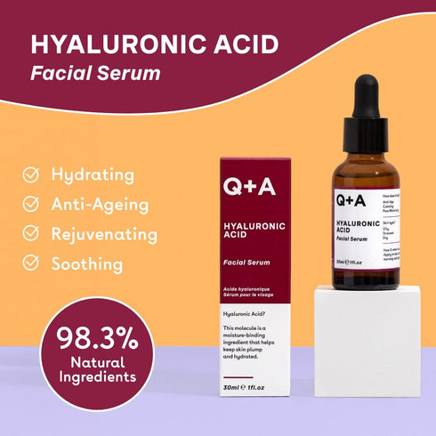Q+A Hyaluronic Acid Facial Serum. A hydrating Hyaluronic Acid serum for healthy and plump skin. 30ml/1fl.oz