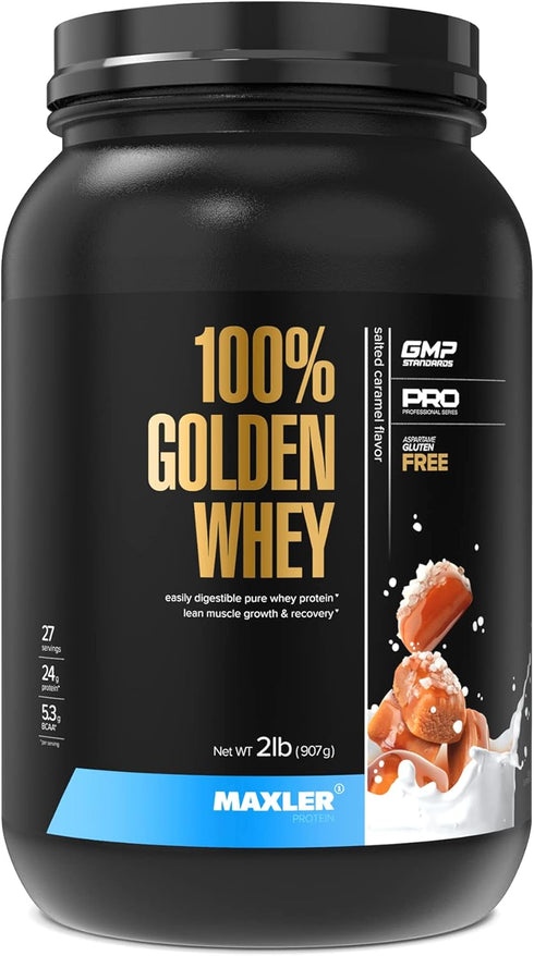 Maxler 100% Golden Whey Protein, 24g Premium Powder per Serving, Fast-Absorbing, Salted Caramel, 2 lbs