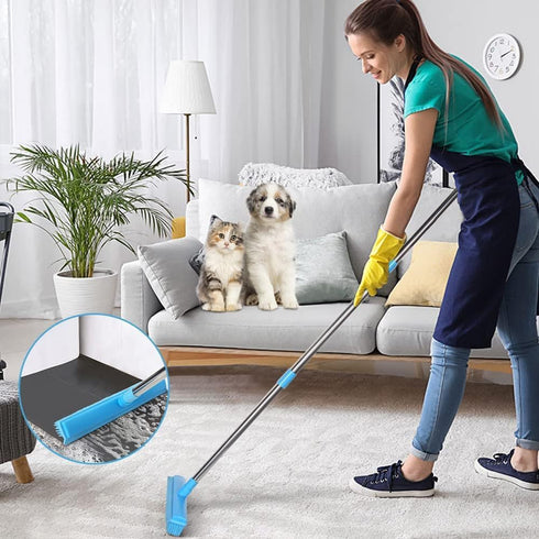Landhope Fur Remover Broom, Rubber Broom with Squeegee Long Handle, 50 inches Sweeping Rug Brush