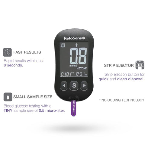 KetoSens Blood Ketone Monitoring Starter Kit with Bluetooth - Includes Meter, 10 Test Strips, Travel Case