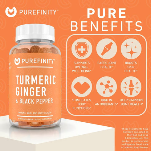 Turmeric Ginger & Black Pepper Gummies for Joint Health, Delicious Peach Flavor, Gluten Free, Vegan, 60 Gummies.