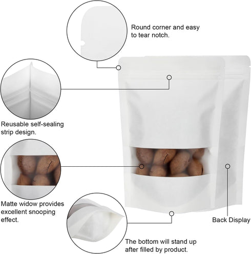 Blisstime 50 Pieces Resealable Bags for Small Business - White Kraft Paper Stand Up Pouches