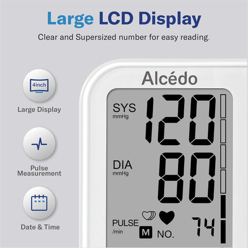 Alcedo Blood Pressure Monitor for Home Use, Automatic Digital BP Machine with Large Cuff, LCD Screen, 2x120 Memory