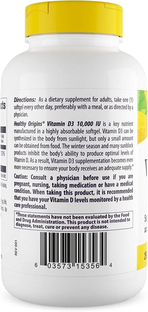 Healthy Origins Vitamin D3 10,000 IU, 360 Softgels, High Potency, Bone & Immune Support, Non-GMO, Gluten Free