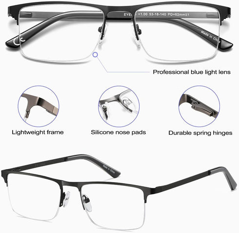 EYECEDAR Blue Light Blocking Reading Glasses for Men, 5 Pack, Metal Half Frame, Spring Hinges, Readers 1.50