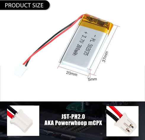 3.7V 300mAh 502035 Lipo Battery, Rechargeable Lithium Polymer Ion Battery Pack with PH2.0mm JST Connector