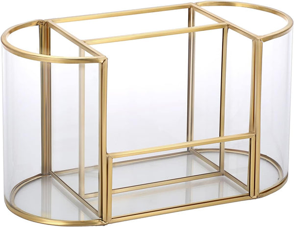Hipiwe Gold Makeup Brush Holder, 4 Slots Glass Organizer for Cosmetics, Remote Control, Vintage Vanity Storage