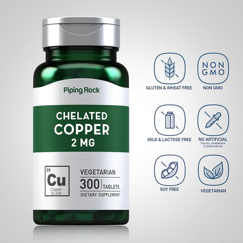 Chelated Copper 2 mg | 300 Tablets | Vegetarian, Non-GMO, Gluten Free Supplement by Piping Rock