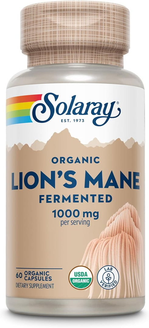 SOLARAY Organic Lions Mane Supplement Capsules - 1000 mg Lion's Mane Organic Mushrooms, 60 VegCaps, Vegan, 30 Servings