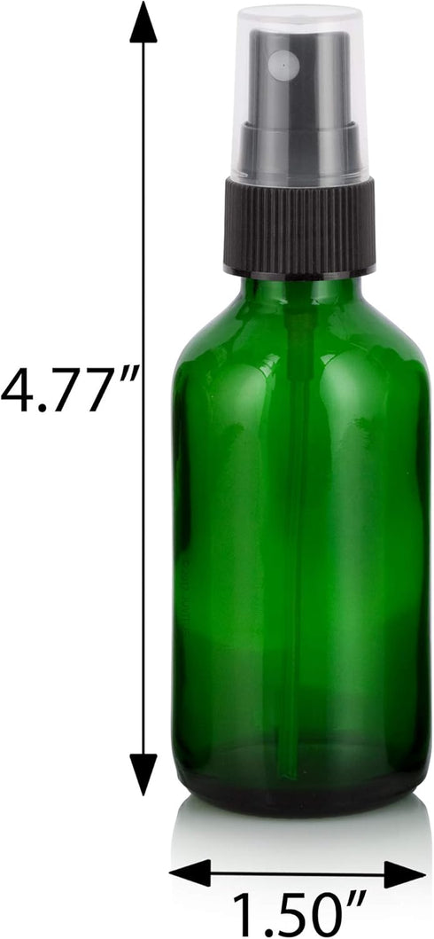 JUVITUS 2 oz Green Glass Boston Round Bottle with Black Fine Mist Spray (12 Pack) + Funnel by JUVITUS