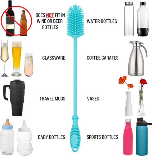 12.5” Silicone Bottle Brush & Straw Cleaner Brush Set for Hydro Flasks, Tumblers, Glassware, Vases