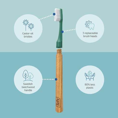 TEPE Choice Soft Toothbrush, Dental Toothbrush for Teeth Cleaning with 3 Replaceable Heads, Green