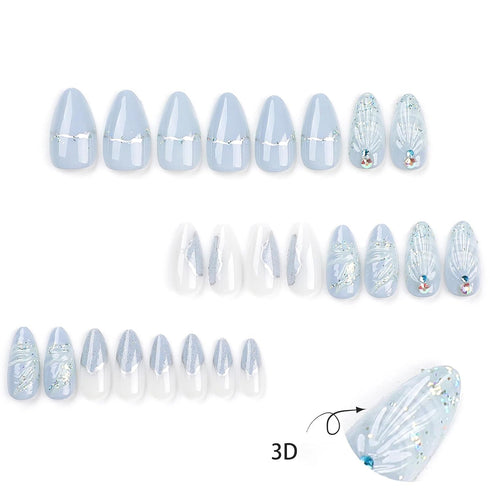 KKUUOO Medium Almond Light Blue Press on Nails, French False Nails with Shell Design & Rhinestones, 24 Pcs