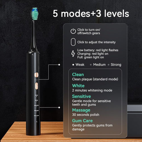 Zocaed 6 5 Electric Toothbrush for Adults, Rechargeable Electric Toothbrush with Replacement Brush Heads, Modes (Black)