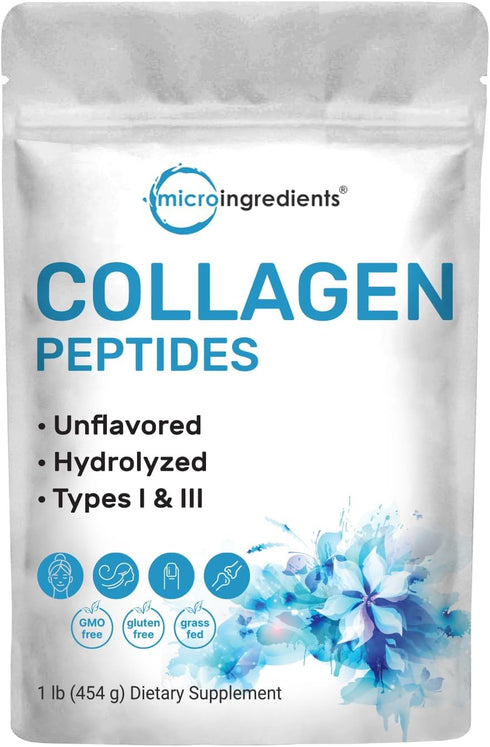 Micro Ingredients Collagen Peptides Powder, 1lb | Hydrolyzed Type I & III Bovine Collagen | Unflavored, Keto & Paleo