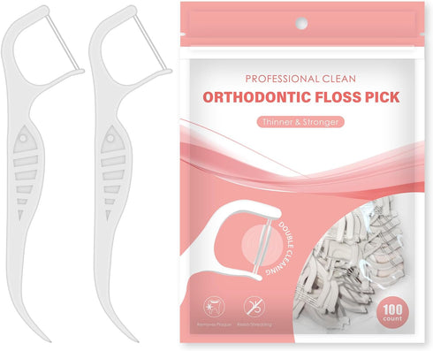 Orthodontic Flossers, Ortho Double Line Dental Picks, 100 Count Toothpicks for Clean Oral Care, Best Tools for Braces