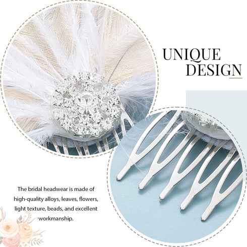 Latious Wedding Bride Flapper Feather Hair Comb with White Crystal, 1920s Hair Clip Fascinator for Women