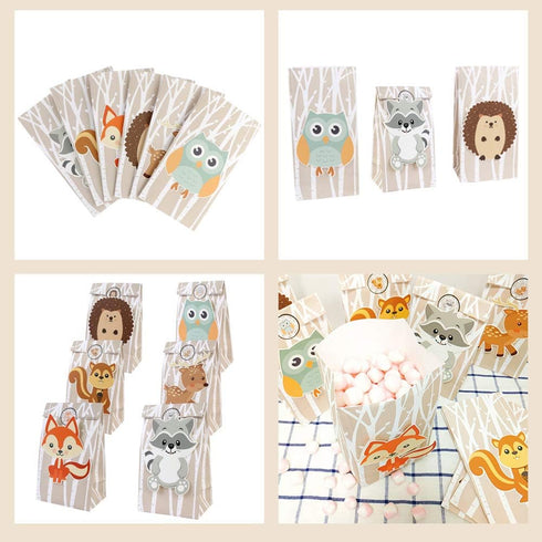OurWarm 24pcs Woodland Party Favor Bags, 3D Animals Candy Treat Gift Bags with Thank You Stickers for Kids Birthday