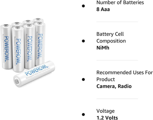POWEROWL AAA Rechargeable Batteries, 1000mAh High Capacity 1.2V NiMH, Low Self Discharge, 8 Pack