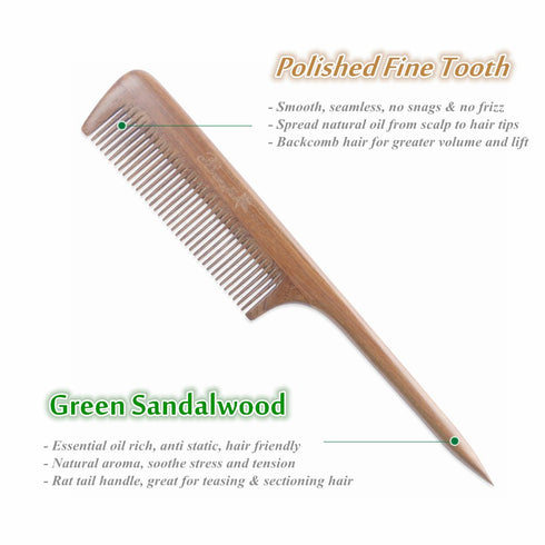 Sandalwood Fine Tooth Comb - Natural Aroma Wooden Tail Comb for Women, No Static