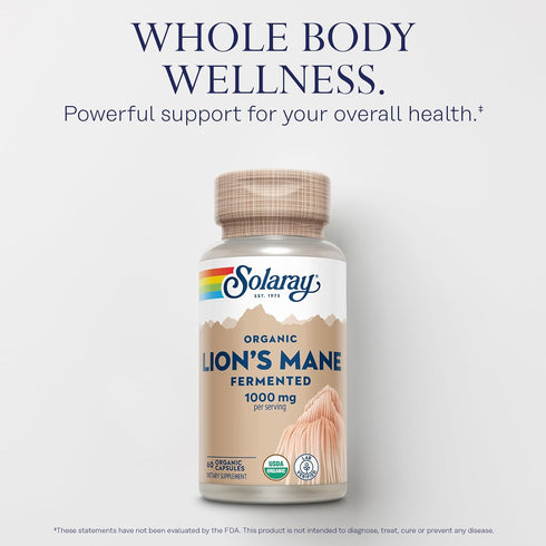 SOLARAY Organic Lions Mane Supplement Capsules - 1000 mg Lion's Mane Organic Mushrooms, 60 VegCaps, Vegan, 30 Servings