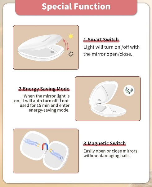 wobsion Travel Mirror with Light, Rechargeable 1x/10x Compact Dimmable Pocket Mirror, 4inch Travel Size (White)