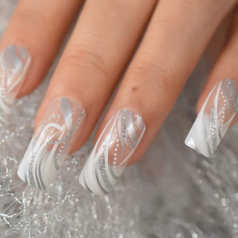Square Fake Nails Long Length Predesigned False Nails (Clear White)