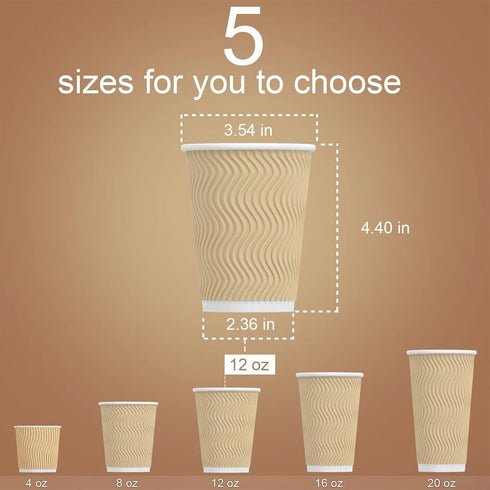 Luckypack Cups_12 oz 100 pcs,12oz Hot Paper Disposable Insulated Corrugated Sleeve Ripple Wall Paper Cup Cups