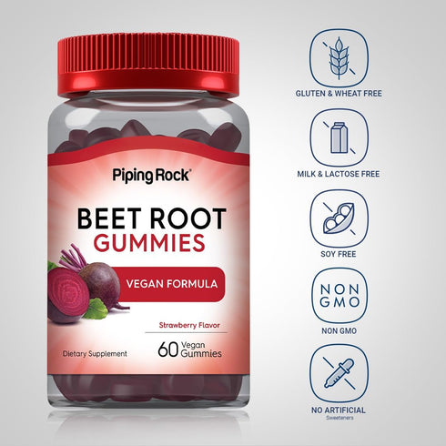 Piping Rock Beet Root Gummies, 60 Count, with Nitrates and Black Pepper Extract, Nitric Oxide Supplement, Strawberry