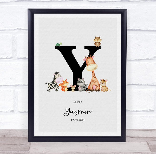 The Card Zoo New Baby Birth Details Nursery Jungle Animals Initial Y Keepsake Gift Print