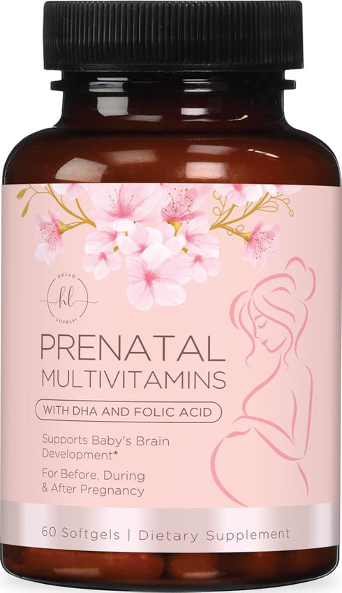 Hello Lovely! Women's Prenatal Multivitamin with Folic Acid + DHA - 60 Softgels for Pregnancy Support