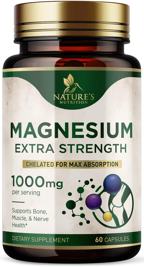 Magnesium Pills Extra Strength 1000mg | 60 Capsules | Chelated for Ultra Absorption | Non-GMO Supplement for Bone,