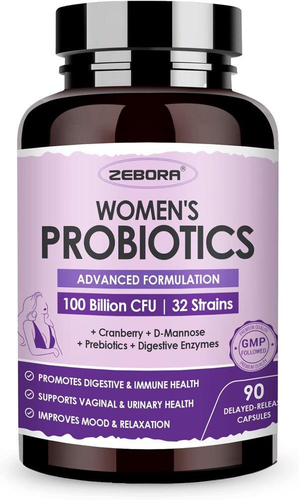 ZEBORA Probiotics for Women Digestive Health - Vaginal Probiotics with D Mannose & Cranberry, 90 Capsules