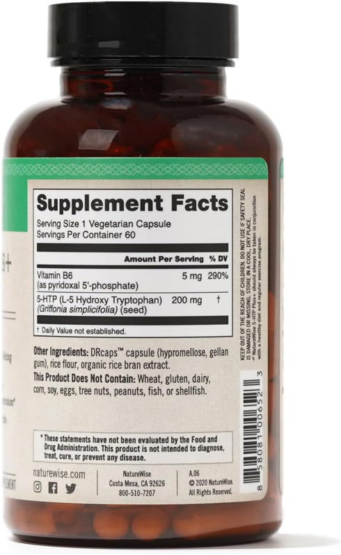 NatureWise 5-HTP 200mg Supplement with Vitamin B6 for Mood Support and Natural Sleep Aid, 60 Count