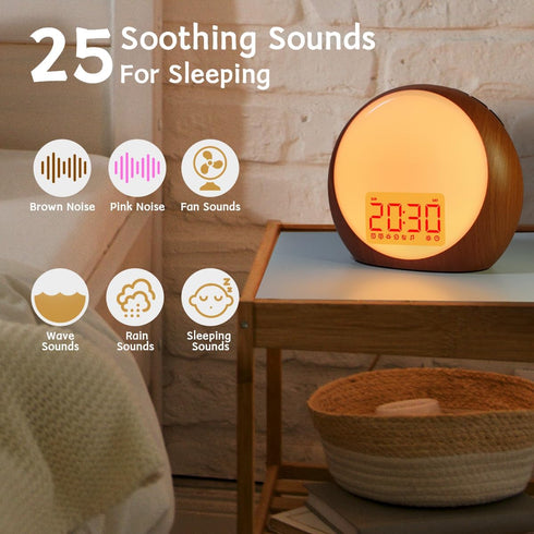Sunset Snooze 25 Wake Up Light Sunrise Alarm Clock White Noise Machine with Sunrise Simulation for Heavy Sleepers Kids
