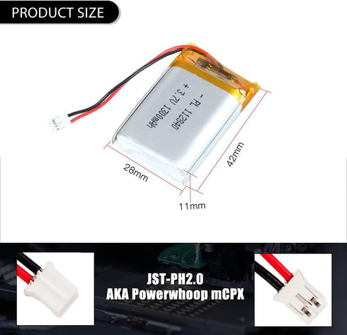 3.7V 1300mAh 112840 Lipo Battery Rechargeable Lithium Polymer ion Battery Pack with JST Connector