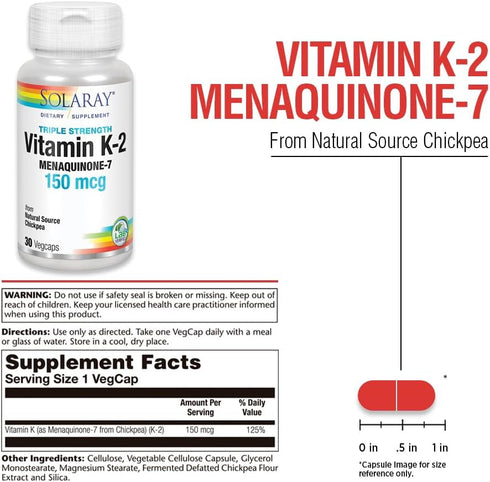 SOLARAY Triple Strength Vitamin K-2 as MK-7, 150 mcg, 30ct, Heart & Bone Health Support