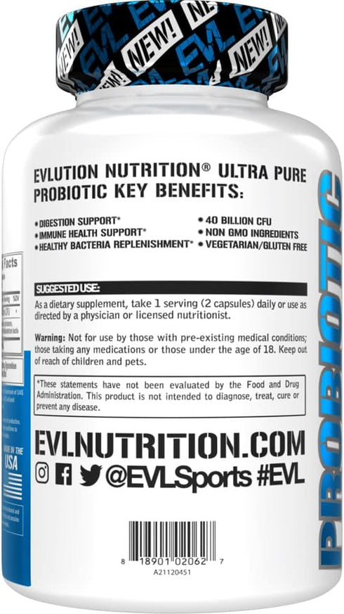 Evlution Nutrition Probiotic, 60 Veggie Capsules, 40 Billion CFUs per Serving, Easy to Swallow Supplement