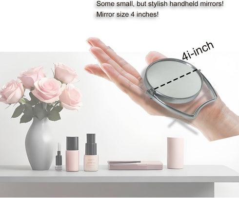 WMugthome Portable Round Makeup Mirror - Two-Sided 4-In/6-in with Handle, 1X and 3X Magnification, Silver
