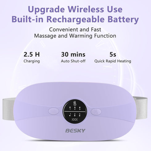 Besky Portable Cordless Menstrual Heating Pad for Cramps, 3 Heat Levels, Rechargeable Small Heating Pad for Pain Relief