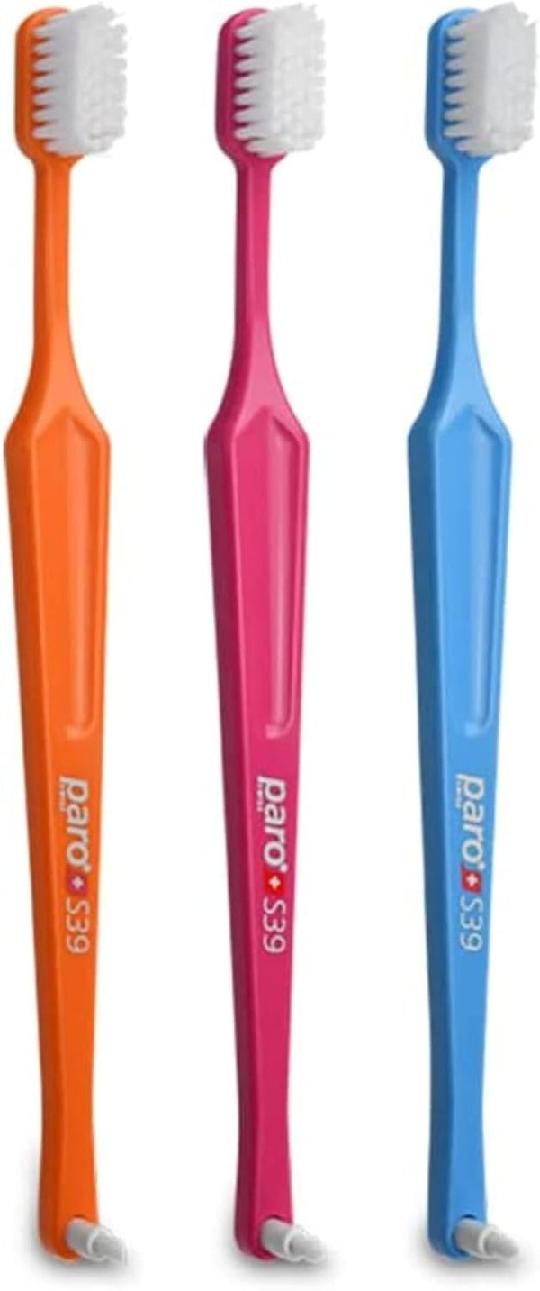 Paro S39 Extra Sensitive Toothbrush, Soft Bristles, 5 Rows, 39 Tuft, Exchangeable Inter Space F, 3 Pack Multi Color