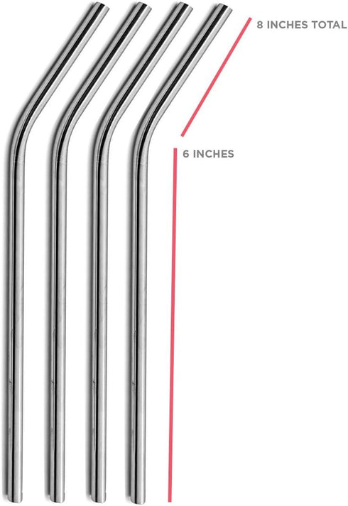 Stainless Steel Drinking Straws Set of 4, Curved Metal Straws Reusable for 20 oz Tumbler, Cleaning Brush Included