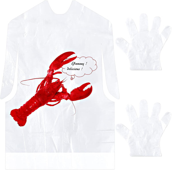 50pcs Disposable Crab Lobster Bibs and 50 Pairs of Plastic Gloves for Seafood (Lobster Style)