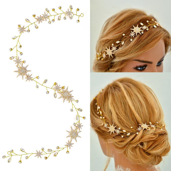 Yean Gold Star Wedding Hair Vine, Rhinestone Headpiece and Crystal Bridal Hair Accessories for Women