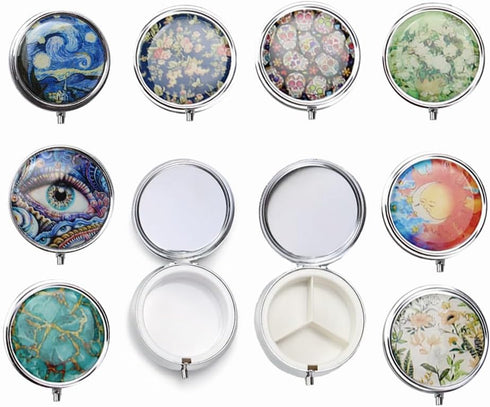 WATASAA 3-Compartment Pill Organizer with Mirror Retro Small Bronze Pill Case for Purse, Floral Design Travel Pill Box