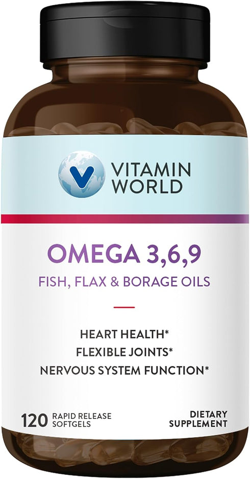 Vitamin World Triple Omega 3-6-9 3000mg with Fish, Flax, Borage & Evening Primrose Oils, 120 Softgels