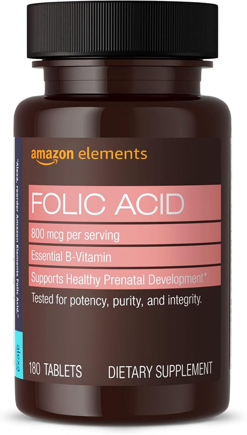 Amazon Elements Folic Acid 800 mcg, 180 Count, Women's Dietary Supplement for Healthy Prenatal Development