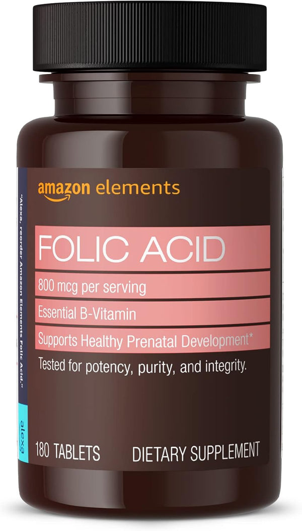 Amazon Elements Folic Acid 800 mcg, 180 Count, Women's Dietary Supplement for Healthy Prenatal Development